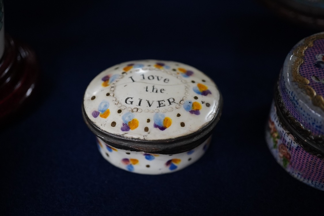 A collection of various 18th century and later trinket/pill boxes, a micro mosaic frame and two small carvings to include a tiger’s eye Scottie dog, frame 10cm in diameter
